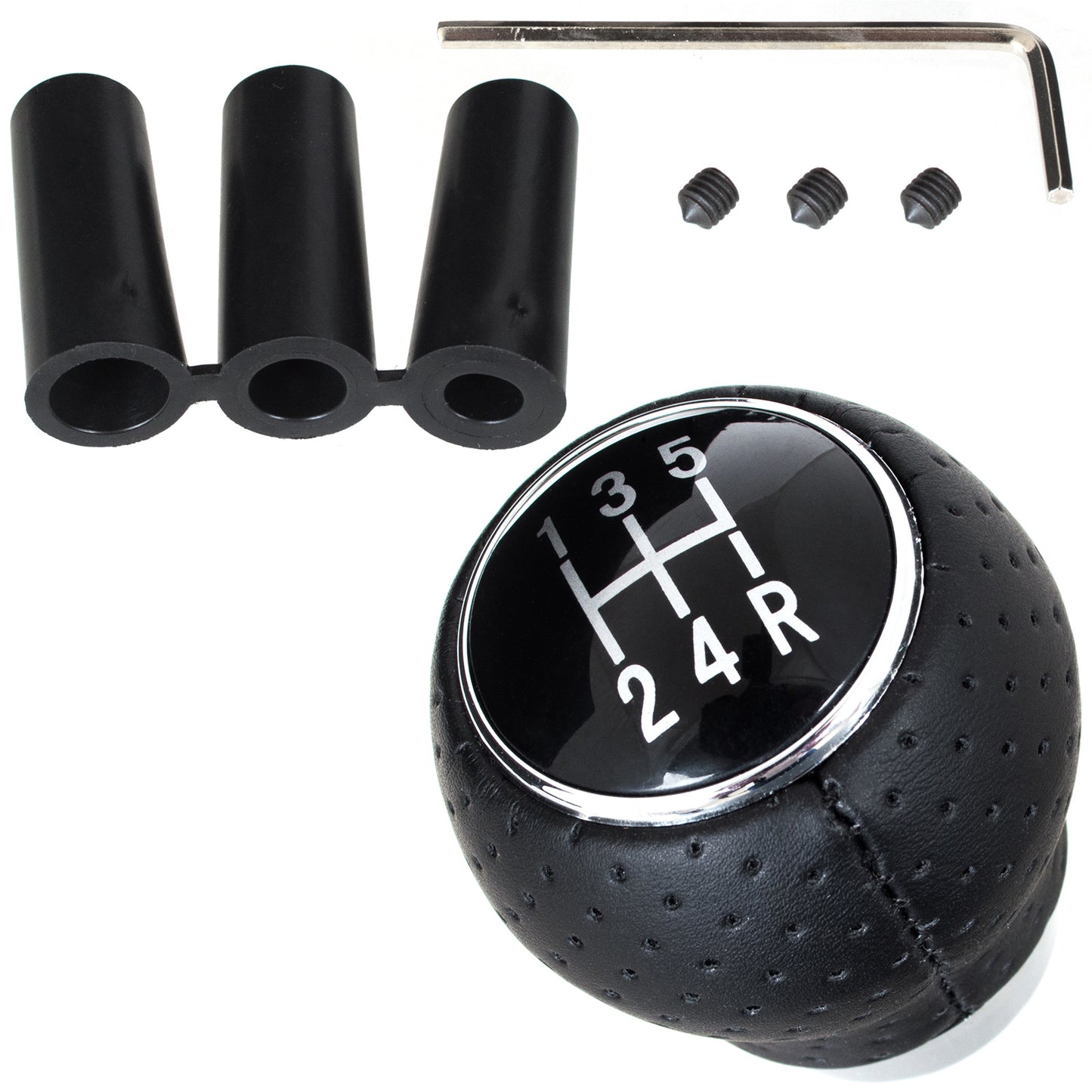 UNIVERSAL gear knob BLACK LEATHER + CHROME 5 GEARS