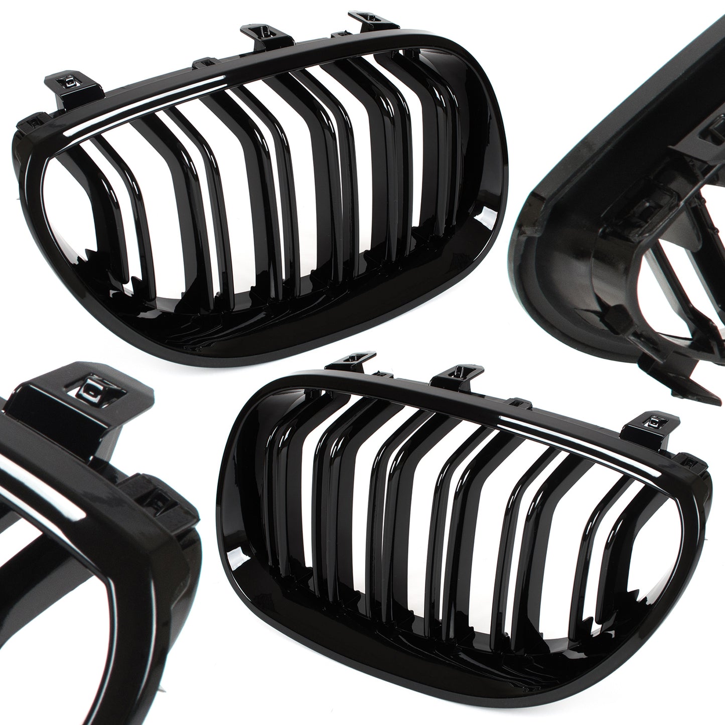 BMW 5 E60 / E61 03-10 grilles between headlights (kidneys) left + right set. BLACK GLOSSY DOUBLE BAR CURVED RIBS