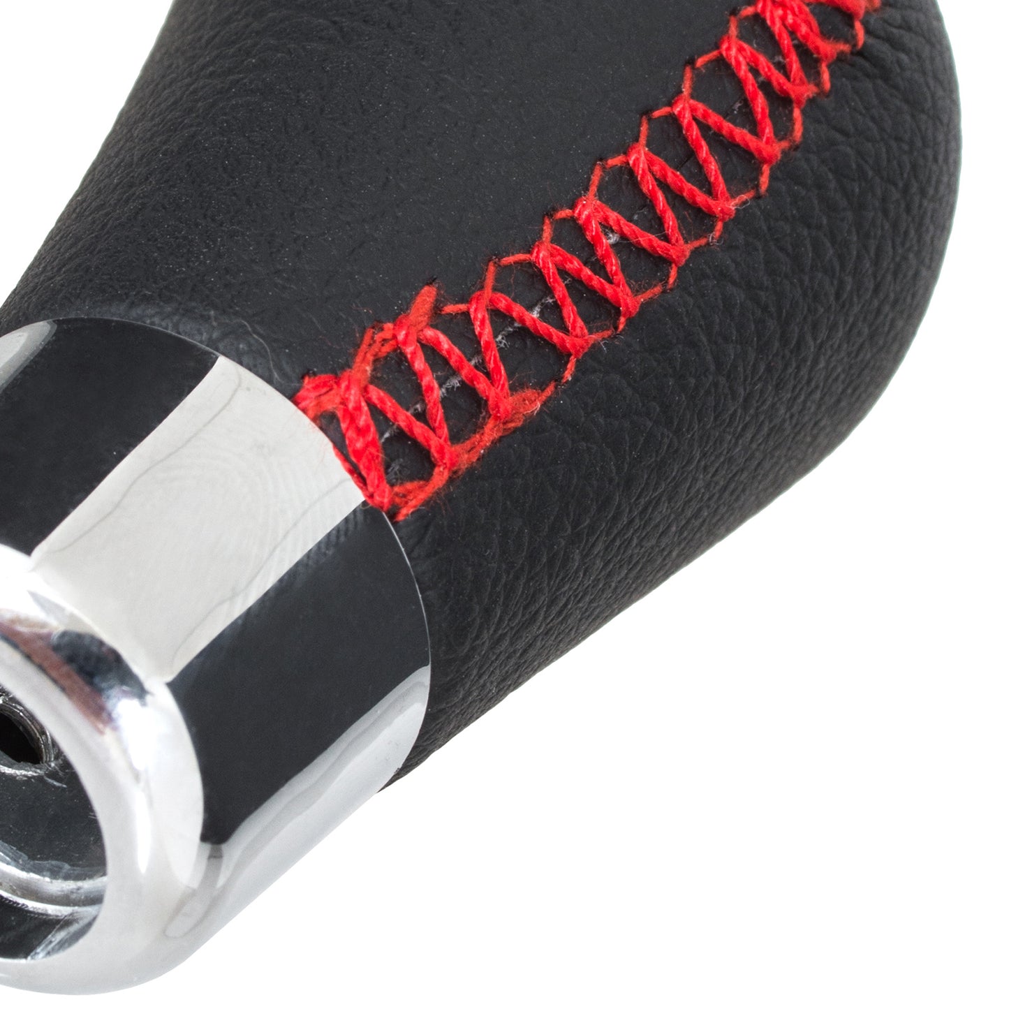 UNIVERSAL gear knob BLACK LEATHER + CHROME + RED THREAD + 5 and 6 SPEED EMBLEMS SET