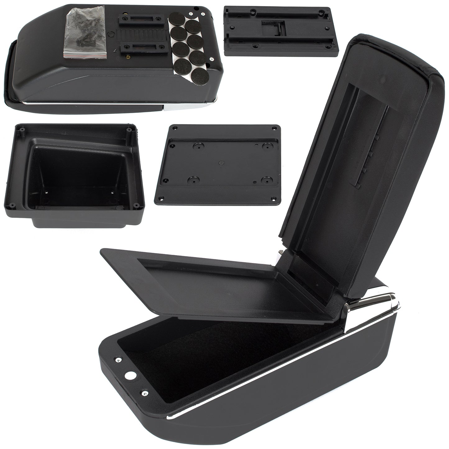VW Tiguan I 07-16 podłokietnik ze schowkiem CZARNA EKOSKÓRA + zestaw montażowy