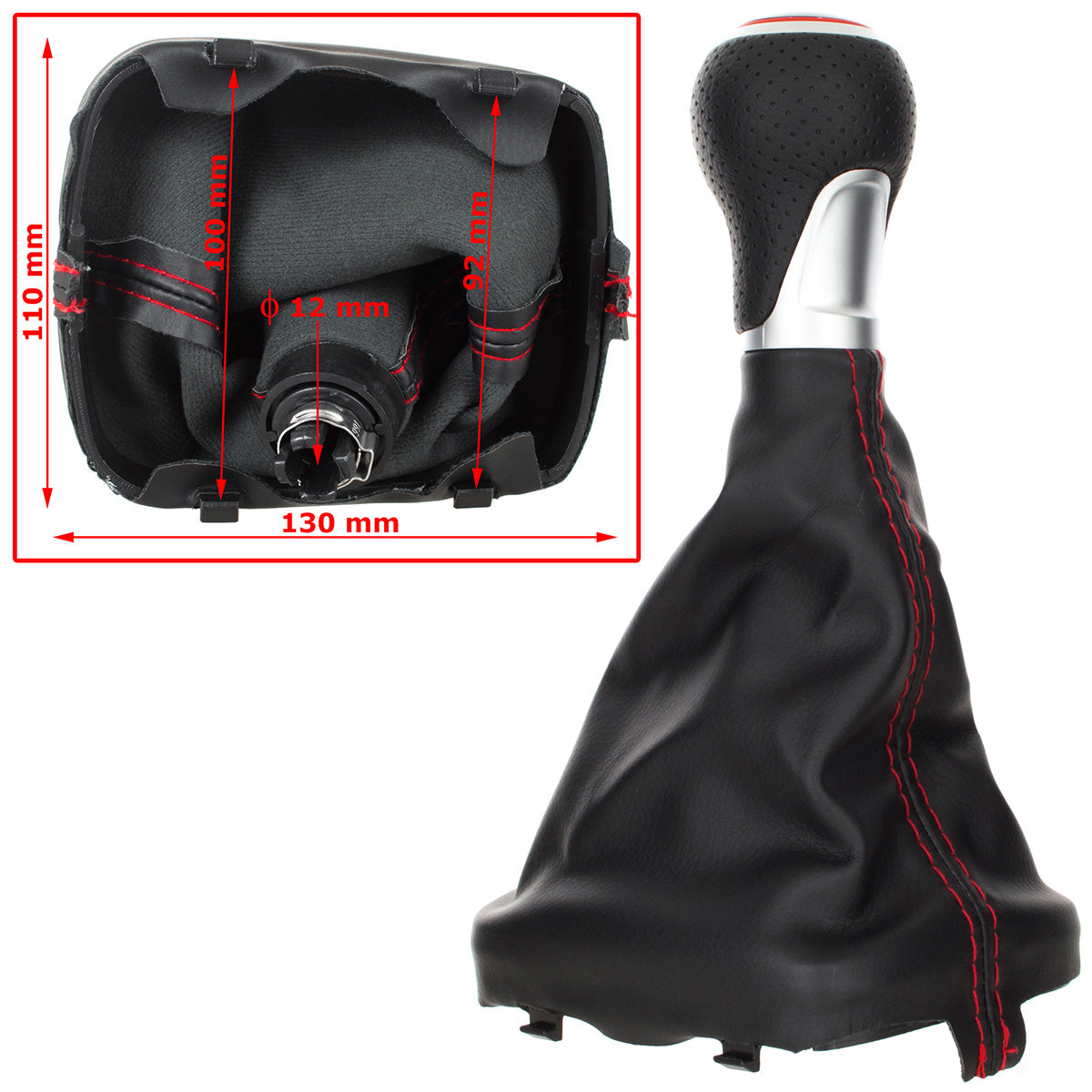 Audi A3 8P 03-12 Gear Knob BLACK ECO-LEATHER + SILVER 6-SPEED + Gaiter BLACK WITH RED STITCHING