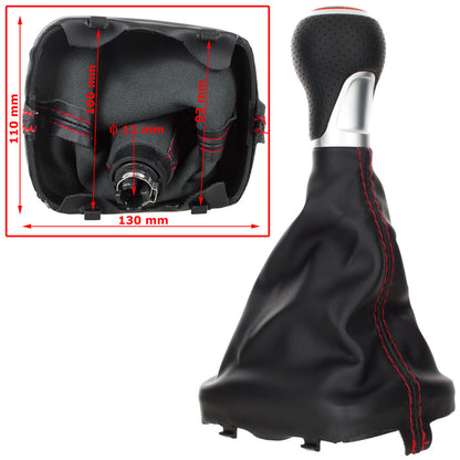 Audi A3 8P 03-12 Gear Knob BLACK ECO-LEATHER + SILVER 6-SPEED + Gaiter BLACK WITH RED STITCHING