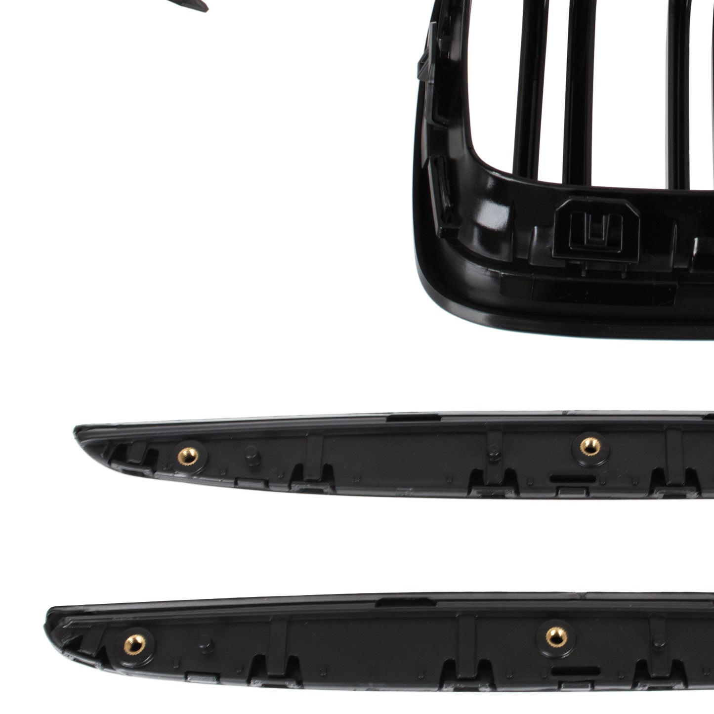BMW 3 E90 / E91 04-09 SEDAN / WAGON grilles between headlights (kidneys) left + right set. BLACK GLOSSY DOUBLE BAR CURVED RIBS