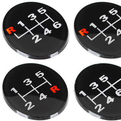 UNIVERSAL gear knob BLACK LEATHER + CHROME + RED THREAD + 5 and 6 SPEED EMBLEMS SET