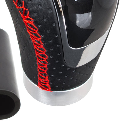 UNIVERSAL gear shift knob BLACK LEATHER + RED STITCHING + SILVER 6 GEARS