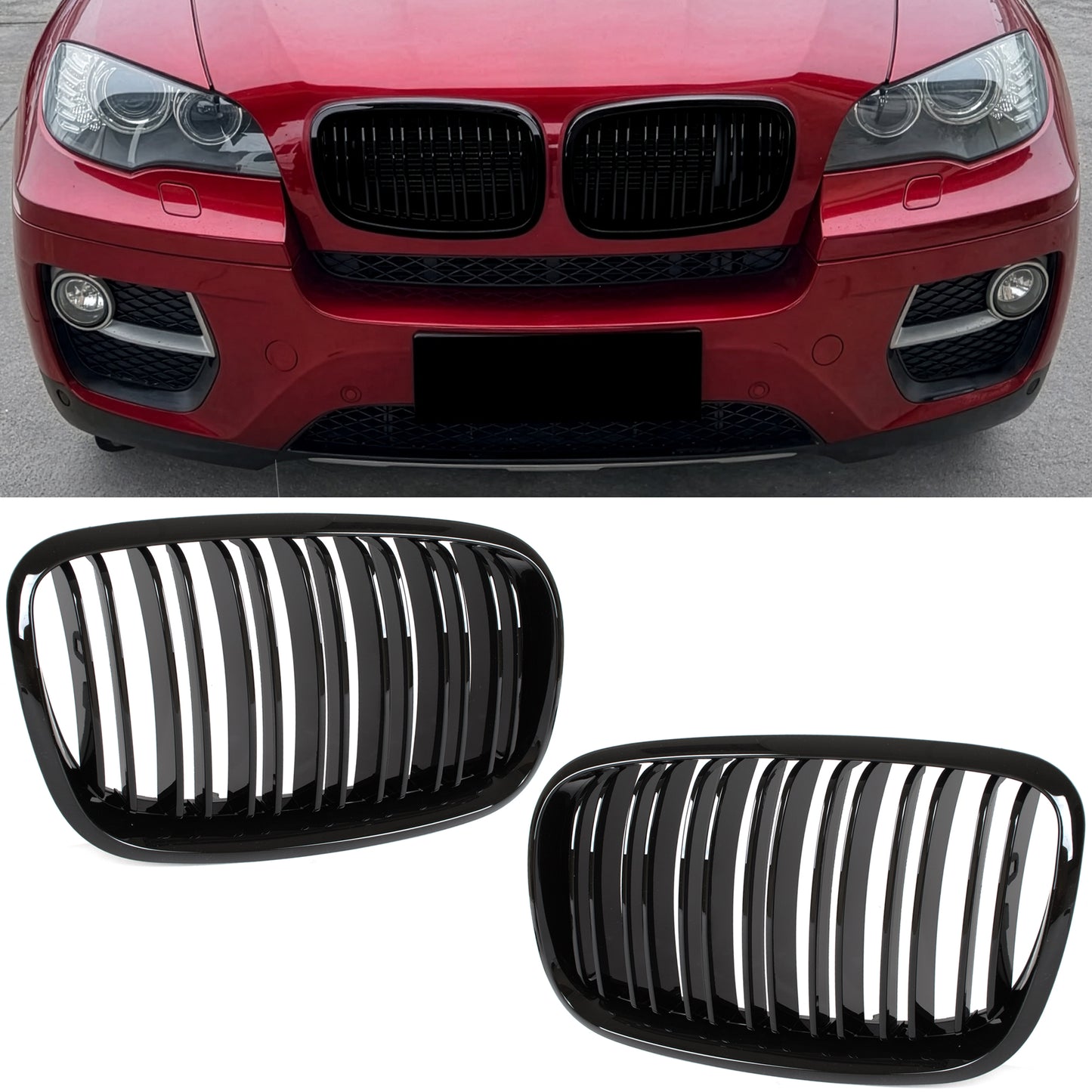 BMW X6 E71 07-14 grilles between headlights (kidneys) left + right set BLACK GLOSSY DOUBLE BAR