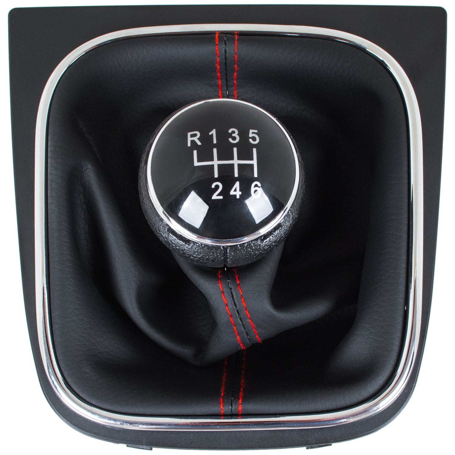VW Golf V 03-08 gear knob + BLACK gaiter with RED stitching and CHROME frame 6-SPEED