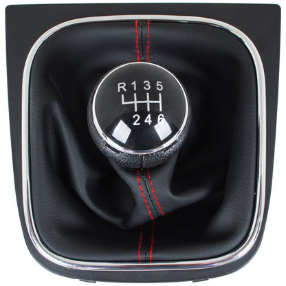 VW Golf V 03-08 gear knob + BLACK gaiter with RED stitching and CHROME frame 6-SPEED