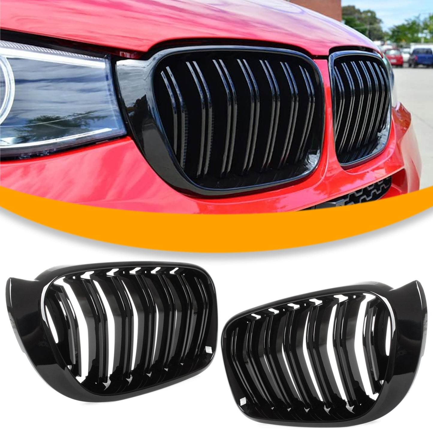 BMW X3 F25 14-17 atrapy między reflektory (nerki) lewa + prawa kpl. BLACK GLOSSY DOUBLE BAR