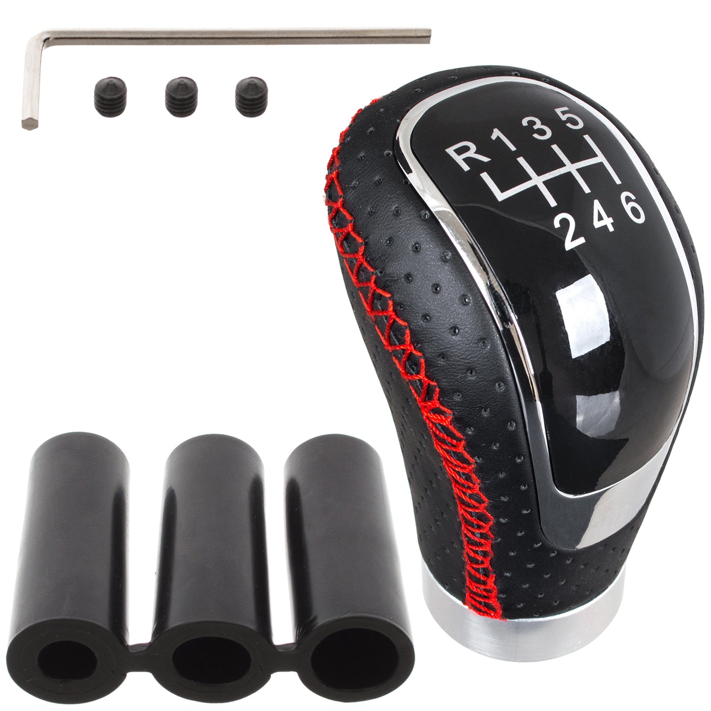 UNIVERSAL gear shift knob BLACK LEATHER + RED STITCHING + SILVER 6 GEARS