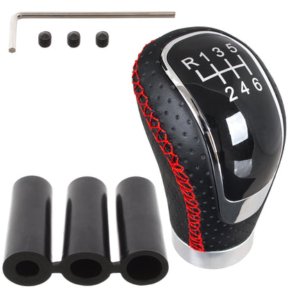 UNIVERSAL gear shift knob BLACK LEATHER + RED STITCHING + SILVER 6 GEARS