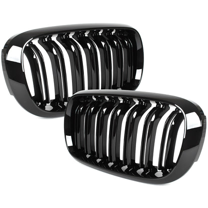 BMW X6 F16 14-19 dummy grilles between headlights (kidneys) left + right set. BLACK GLOSSY DOUBLE BAR
