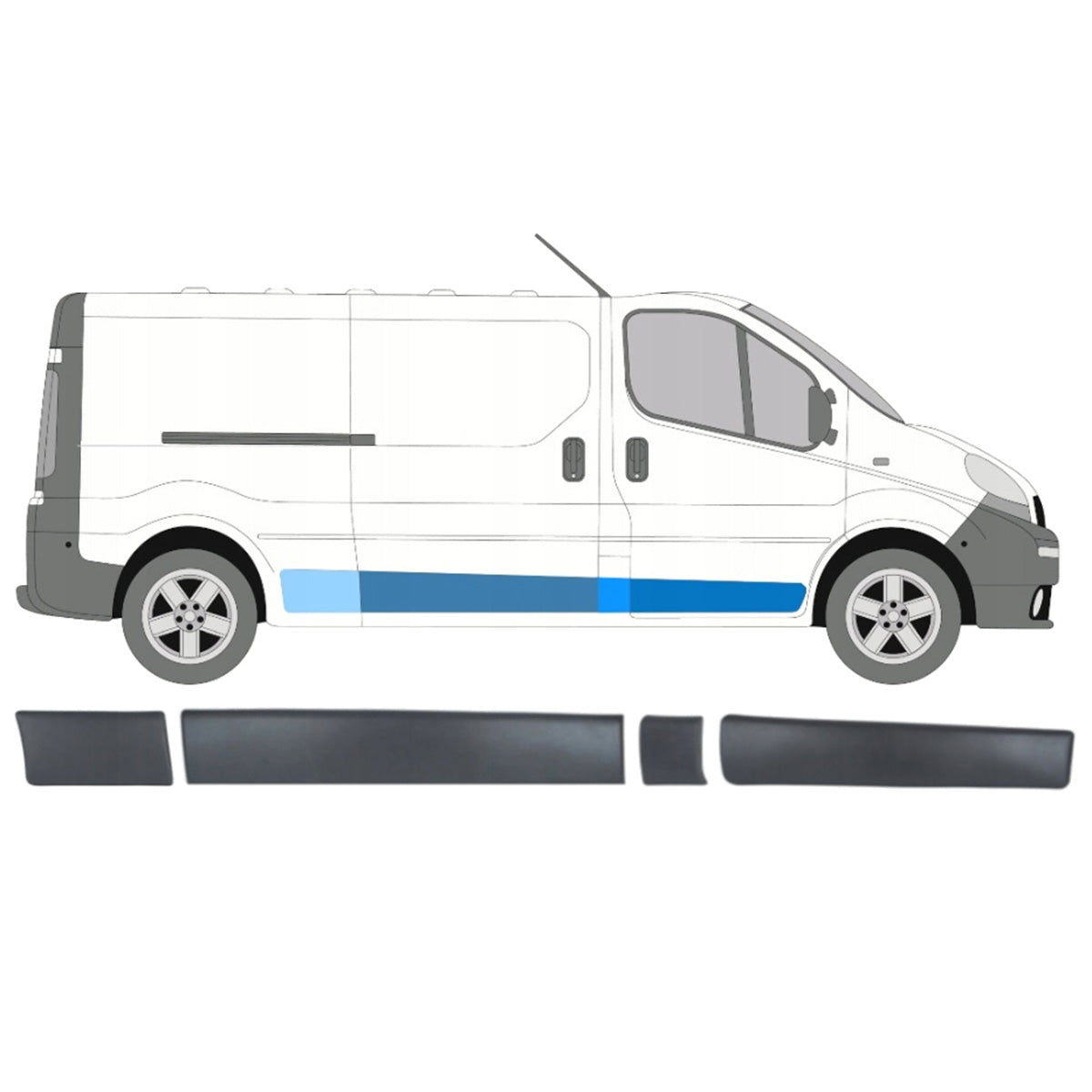 Renault Trafic II LONG 01-13 front right door moulding + right side moulding BEHIND THE DOOR on the pillar + right side sliding door moulding + right side moulding IN FRONT OF THE REAR WHEEL 4 pcs. SET