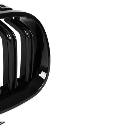 BMW 5 E60 / E61 03-10 grilles between headlights (kidneys) left + right set. BLACK GLOSSY DOUBLE BAR CURVED RIBS