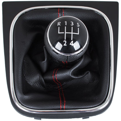 VW Golf V 03-08 gear knob + BLACK gaiter with RED stitching and CHROME frame 5 SPEED