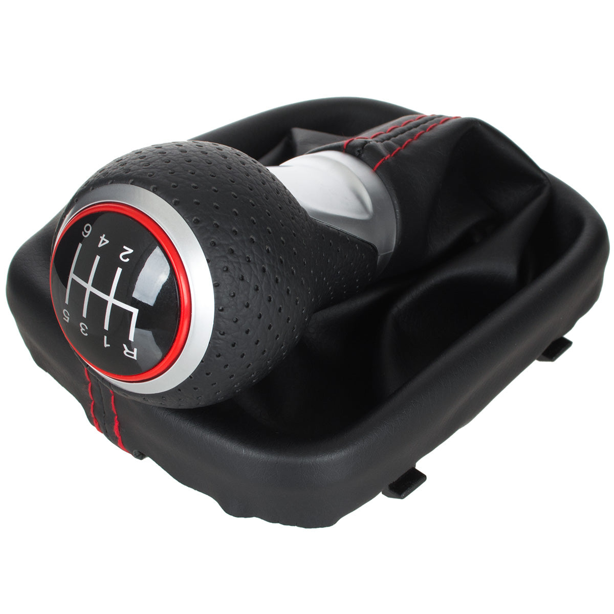 Audi A3 8P 03-12 Gear Knob BLACK ECO-LEATHER + SILVER 6-SPEED + Gaiter BLACK WITH RED STITCHING