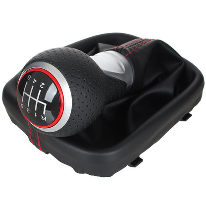 Audi A3 8P 03-12 Gear Knob BLACK ECO-LEATHER + SILVER 6-SPEED + Gaiter BLACK WITH RED STITCHING