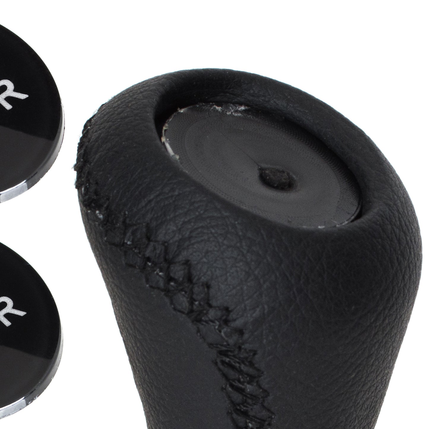 UNIVERSAL gear knob BLACK LEATHER + CHROME + 5 AND 6 SPEED EMBLEMS SET