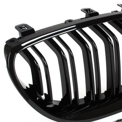 BMW 5 E60 / E61 03-10 grilles between headlights (kidneys) left + right set. BLACK GLOSSY DOUBLE BAR CURVED RIBS