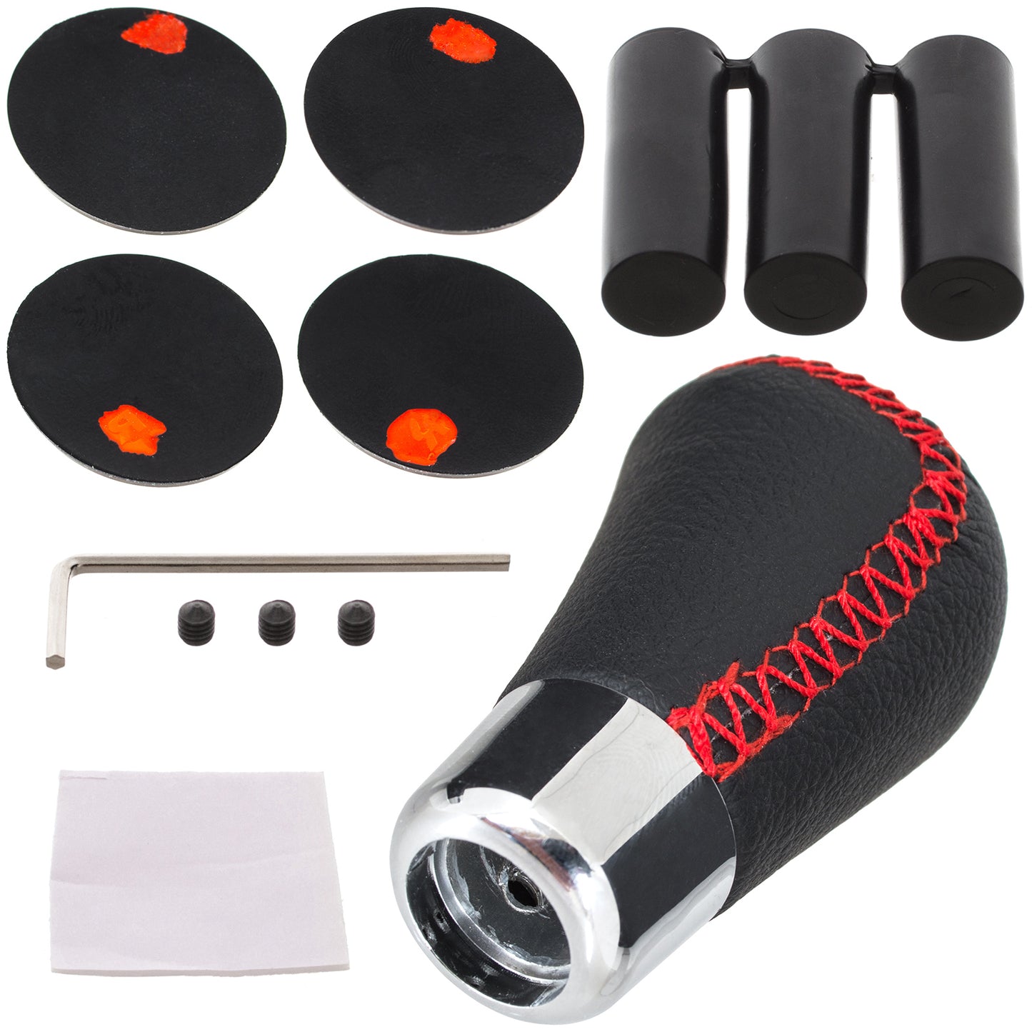 UNIVERSAL gear knob BLACK LEATHER + CHROME + RED THREAD + 5 and 6 SPEED EMBLEMS SET