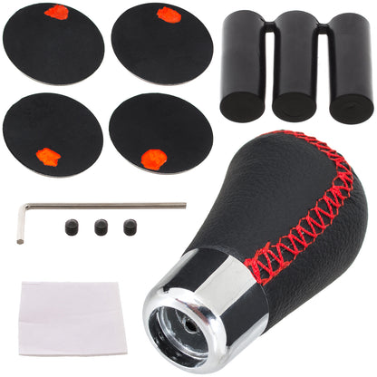 UNIVERSAL gear knob BLACK LEATHER + CHROME + RED THREAD + 5 and 6 SPEED EMBLEMS SET