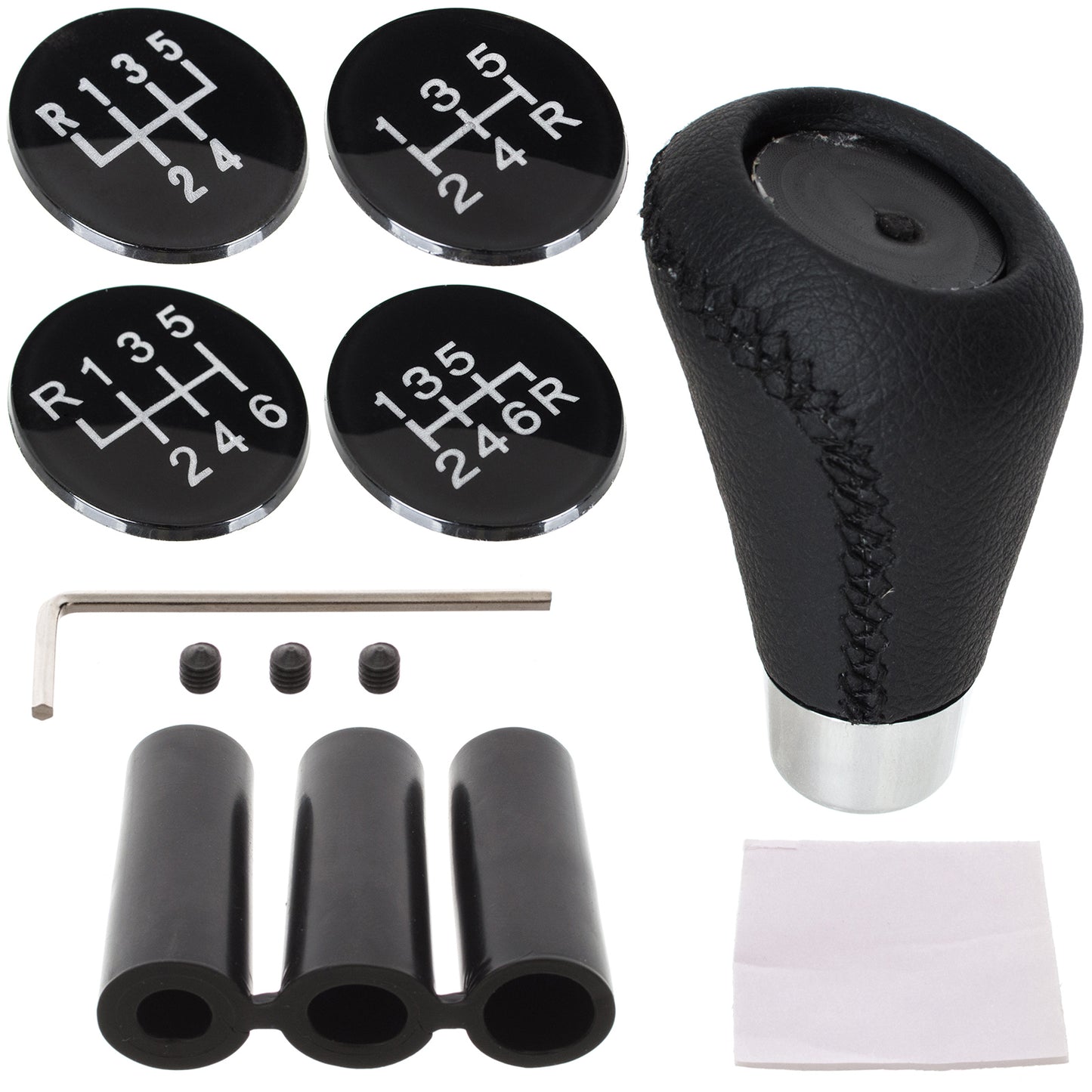 UNIVERSAL gear knob BLACK LEATHER + CHROME + 5 AND 6 SPEED EMBLEMS SET