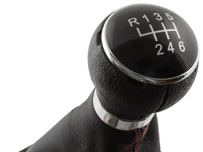 VW Golf V 03-08 gear knob + BLACK gaiter with RED stitching and CHROME frame 6-SPEED