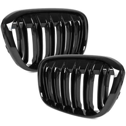BMW X1 F48 15-19 Grille (Kidneys) Left + Right Set BLACK GLOSSY DOUBLE BAR