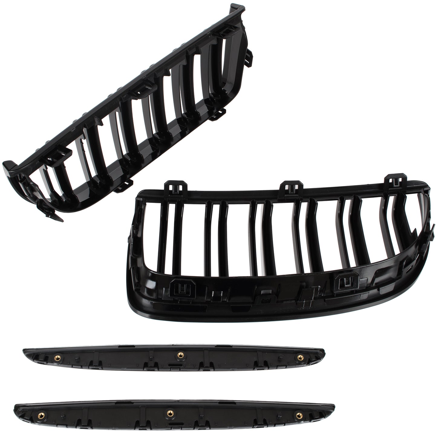 BMW 3 E90 / E91 04-09 SEDAN / WAGON grilles between headlights (kidneys) left + right set. BLACK GLOSSY DOUBLE BAR CURVED RIBS