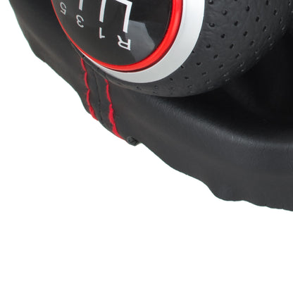 Audi A3 8P 03-12 Gear Knob BLACK ECO-LEATHER + SILVER 6-SPEED + Gaiter BLACK WITH RED STITCHING