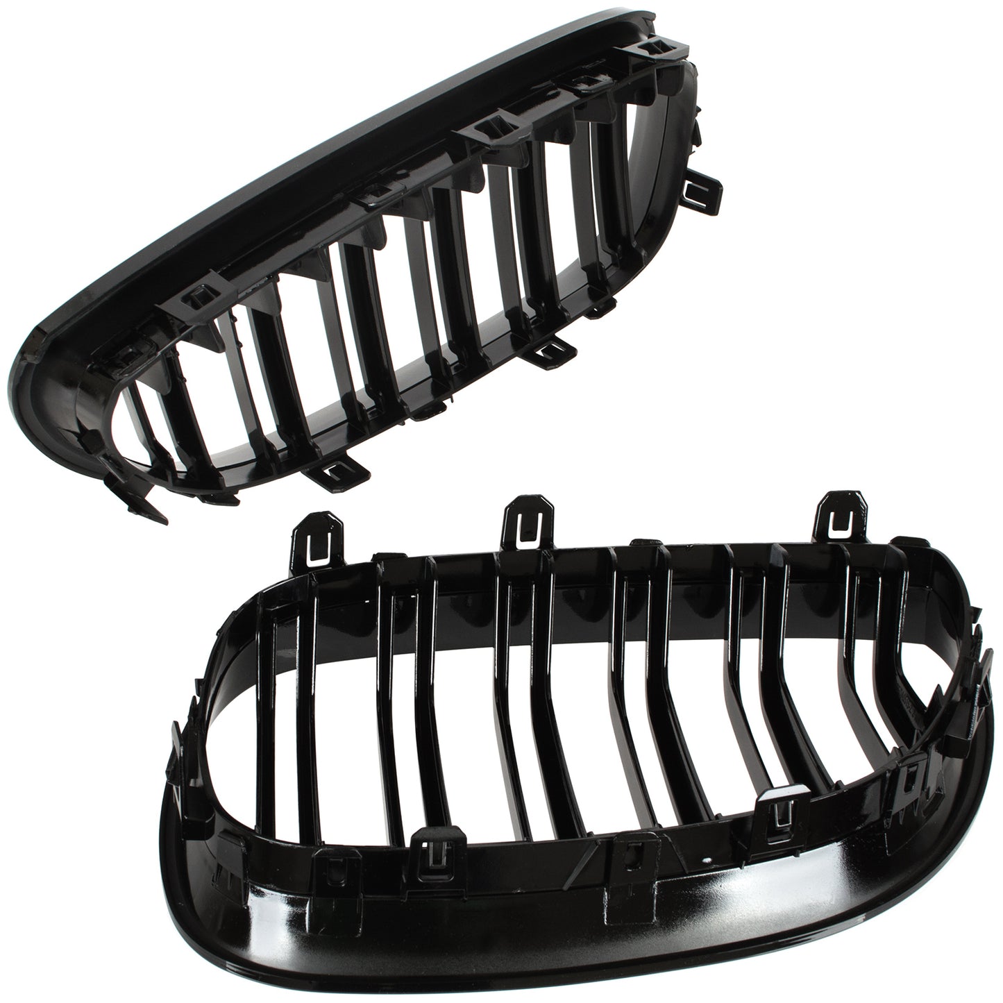 BMW 5 E60 / E61 03-10 grilles between headlights (kidneys) left + right set. BLACK GLOSSY DOUBLE BAR CURVED RIBS