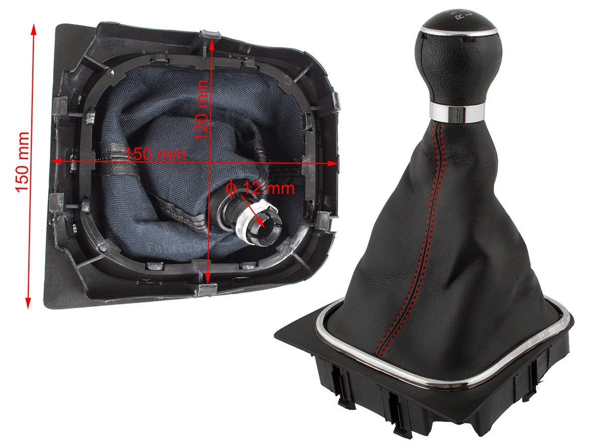 VW Golf V 03-08 gear knob + BLACK gaiter with RED stitching and CHROME frame 6-SPEED
