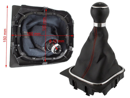 VW Golf V 03-08 gear knob + BLACK gaiter with RED stitching and CHROME frame 6-SPEED