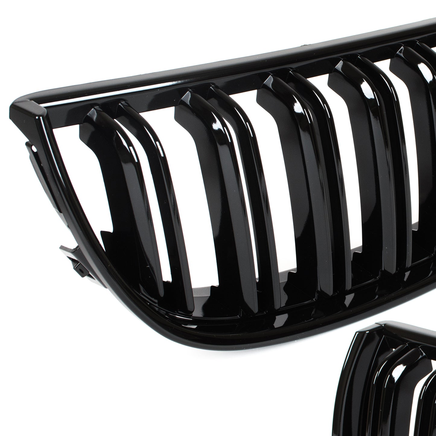 BMW 3 E90 / E91 04-09 SEDAN / WAGON grilles between headlights (kidneys) left + right set. BLACK GLOSSY DOUBLE BAR CURVED RIBS