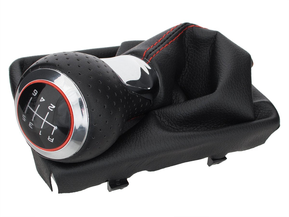 Audi A5 8T 07-16 gear knob BLACK + CHROME 6-SPEED + BLACK GAITER WITH RED STITCHING