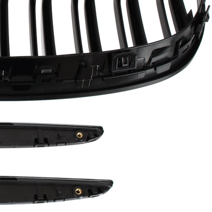BMW 3 E90 / E91 04-09 SEDAN / WAGON grilles between headlights (kidneys) left + right set. BLACK GLOSSY DOUBLE BAR CURVED RIBS