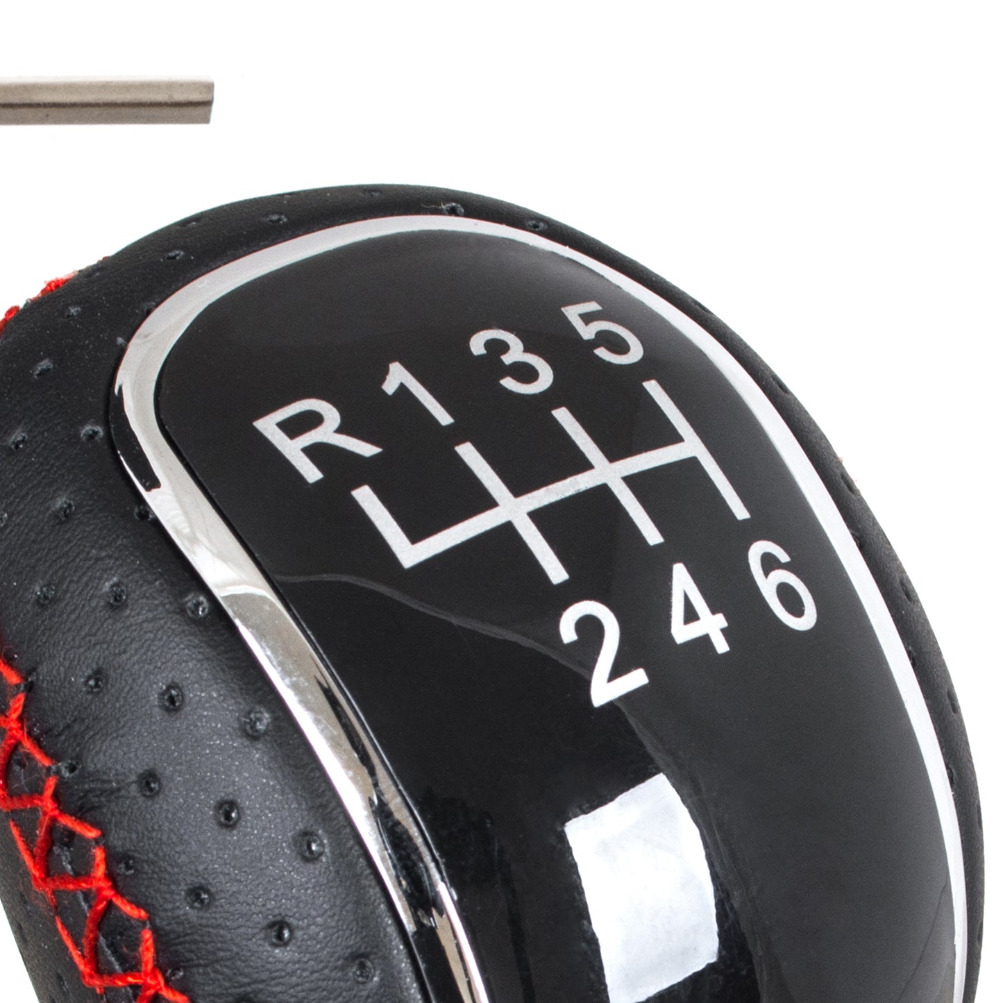 UNIVERSAL gear shift knob BLACK LEATHER + RED STITCHING + SILVER 6 GEARS