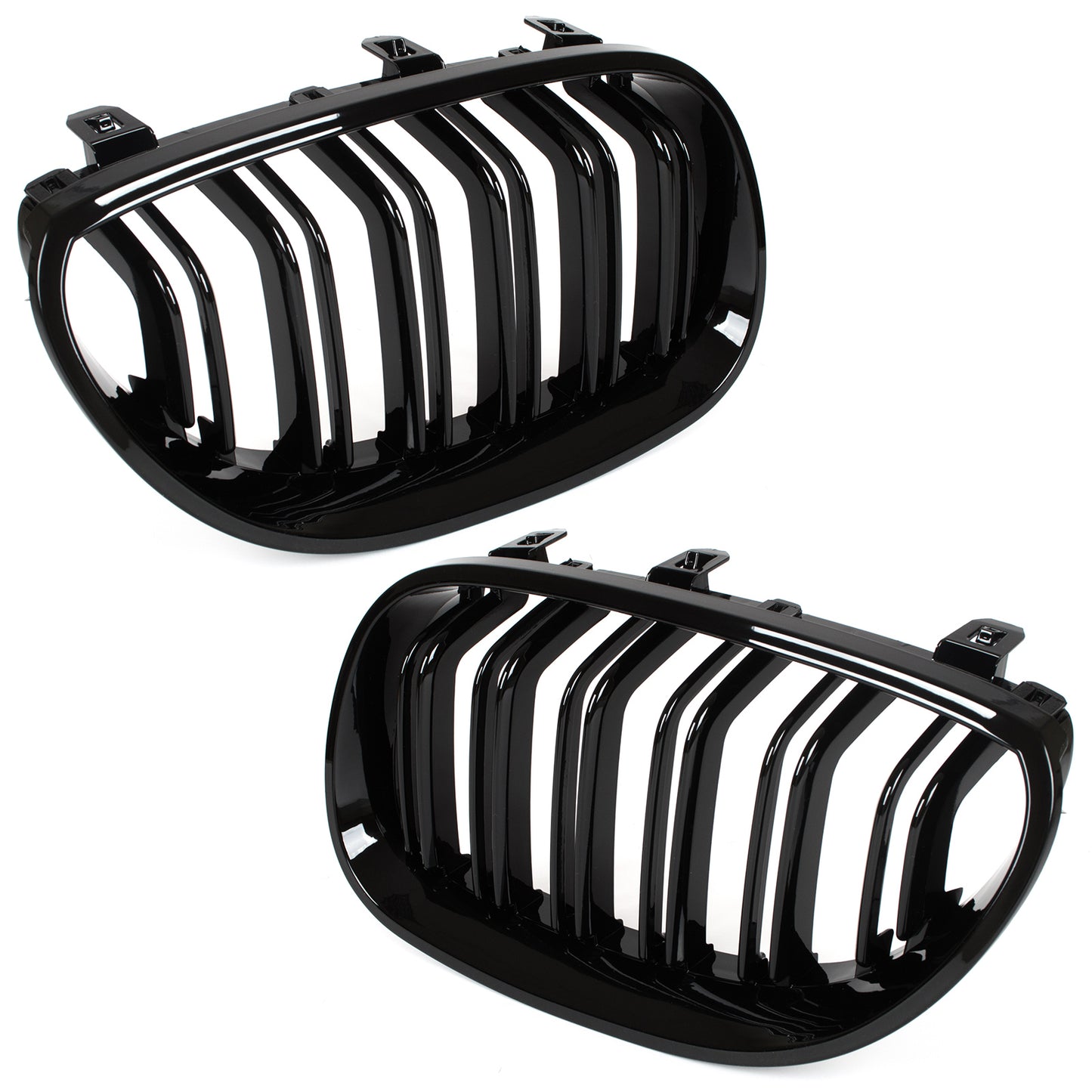 BMW 5 E60 / E61 03-10 grilles between headlights (kidneys) left + right set. BLACK GLOSSY DOUBLE BAR CURVED RIBS