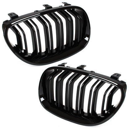 BMW 5 E60 / E61 03-10 grilles between headlights (kidneys) left + right set. BLACK GLOSSY DOUBLE BAR CURVED RIBS