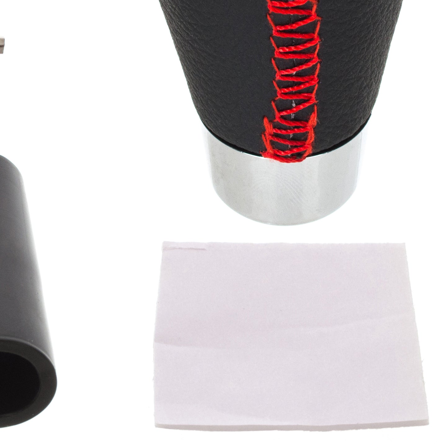 UNIVERSAL gear knob BLACK LEATHER + CHROME + RED THREAD + 5 and 6 SPEED EMBLEMS SET