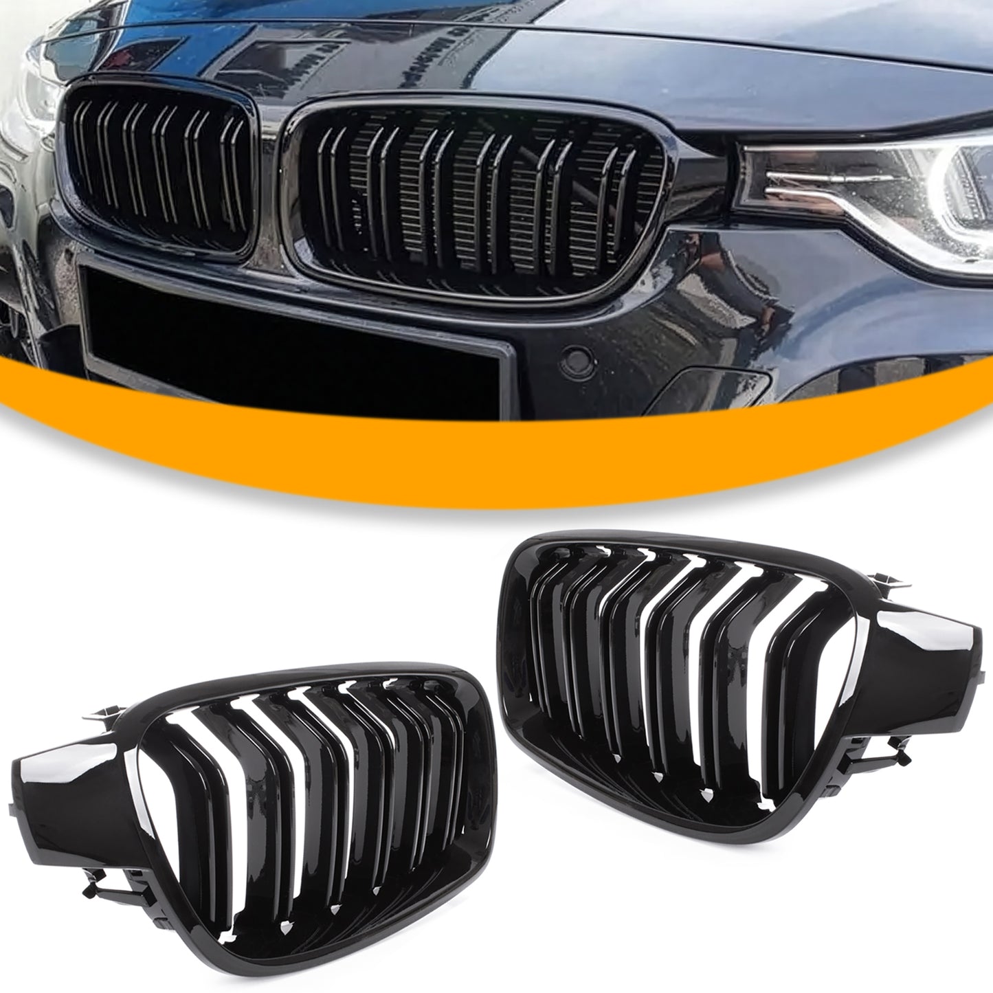 BMW 3 F30 / F31 11-15 SEDAN / WAGON grilles (kidneys) left + right set BLACK GLOSSY DOUBLE BAR