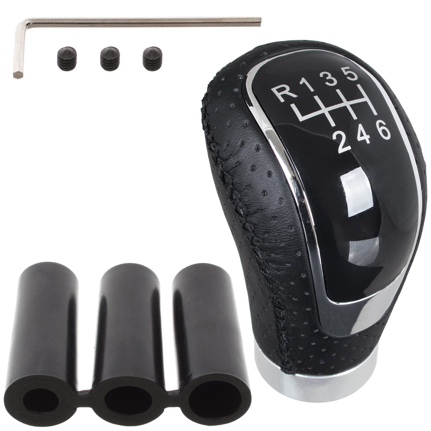 UNIVERSAL gear knob BLACK LEATHER + SILVER 6 SPEEDS