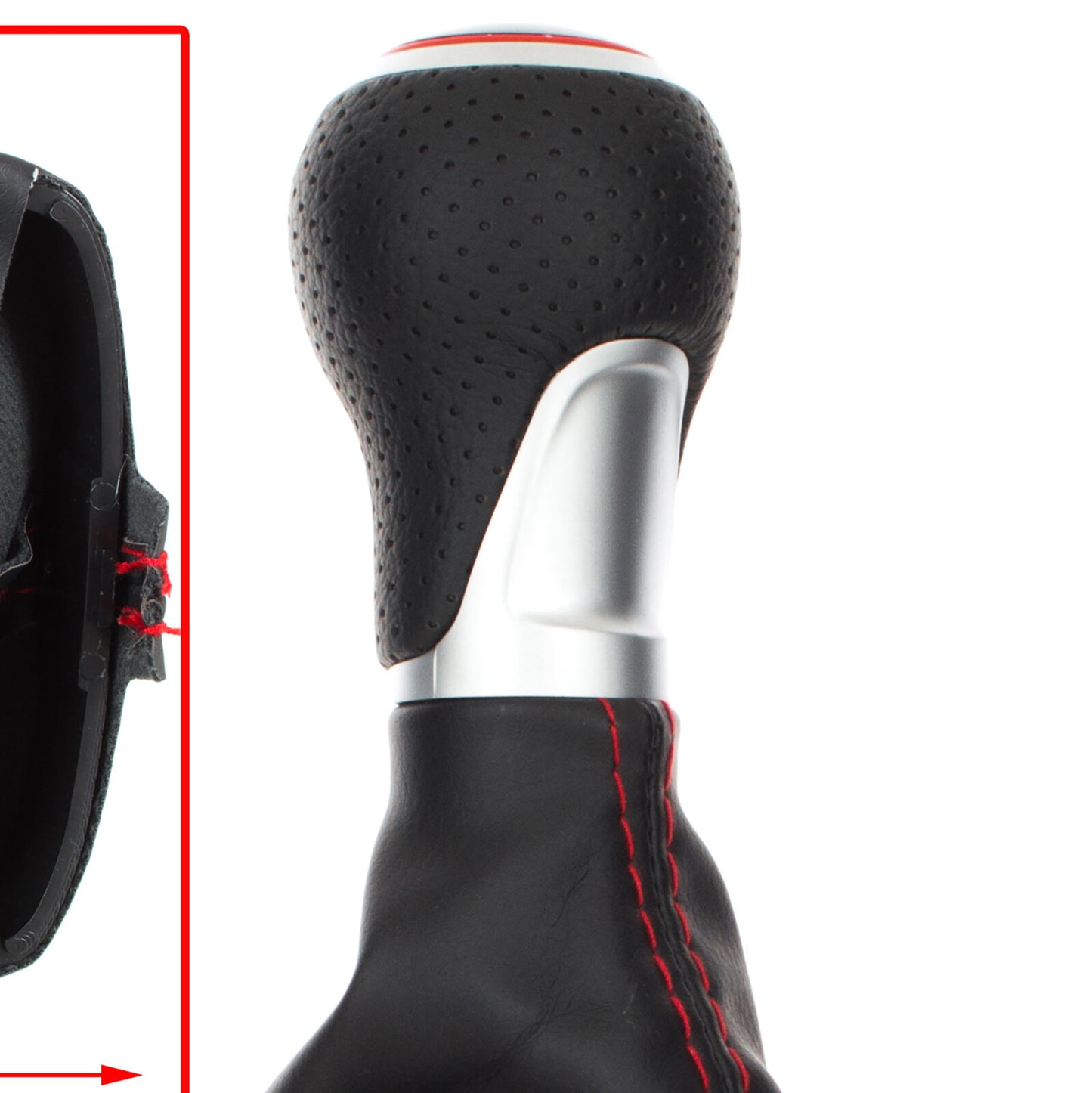Audi A3 8P 03-12 Gear Knob BLACK ECO-LEATHER + SILVER 6-SPEED + Gaiter BLACK WITH RED STITCHING