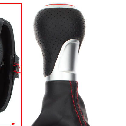 Audi A3 8P 03-12 Gear Knob BLACK ECO-LEATHER + SILVER 6-SPEED + Gaiter BLACK WITH RED STITCHING