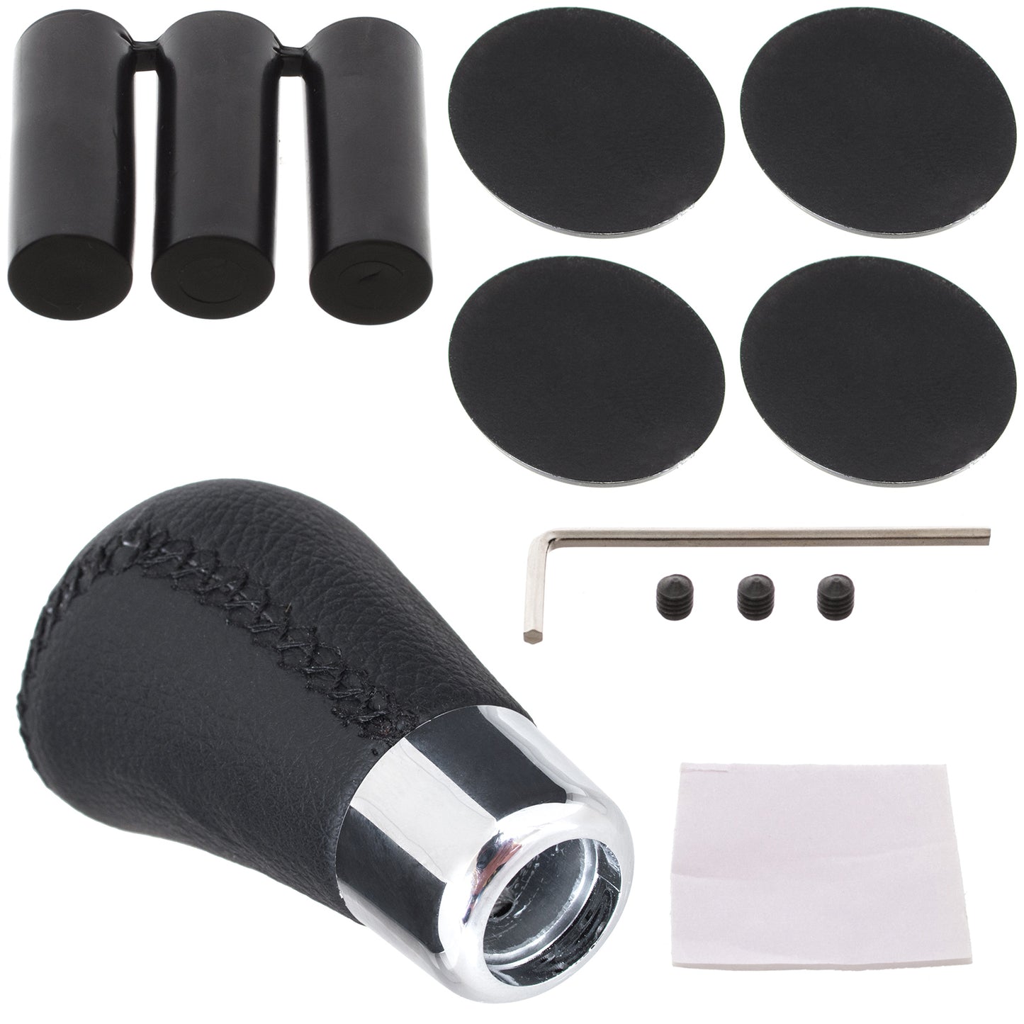 UNIVERSAL gear knob BLACK LEATHER + CHROME + 5 AND 6 SPEED EMBLEMS SET