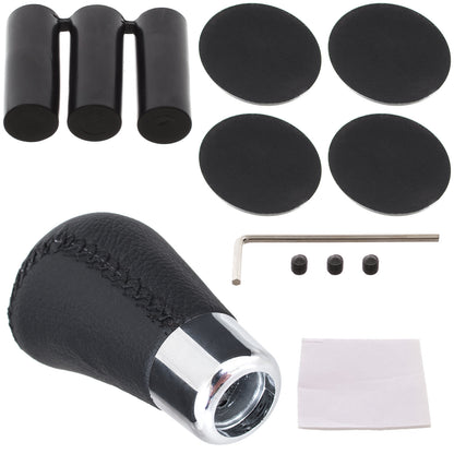 UNIVERSAL gear knob BLACK LEATHER + CHROME + 5 AND 6 SPEED EMBLEMS SET