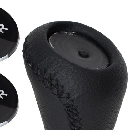 UNIVERSAL gear knob BLACK LEATHER + CHROME + 5 AND 6 SPEED EMBLEMS SET