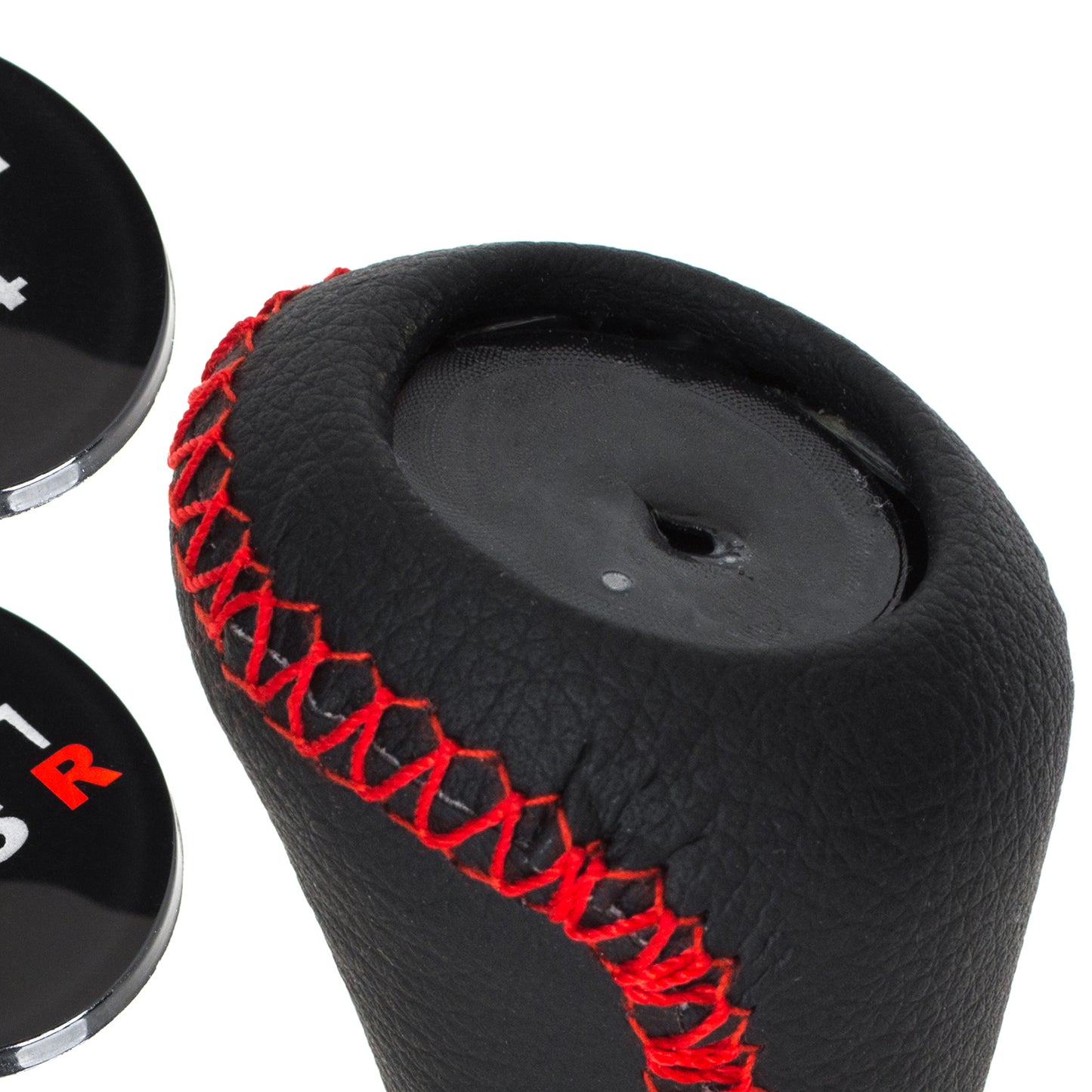 UNIVERSAL gear knob BLACK LEATHER + CHROME + RED THREAD + 5 and 6 SPEED EMBLEMS SET