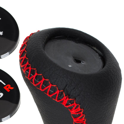 UNIVERSAL gear knob BLACK LEATHER + CHROME + RED THREAD + 5 and 6 SPEED EMBLEMS SET