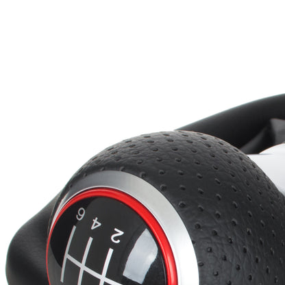 Audi A3 8P 03-12 Gear Knob BLACK ECO-LEATHER + SILVER 6-SPEED + Gaiter BLACK WITH RED STITCHING